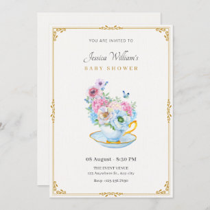 Flowers butterfly tea cup baby shower invitation