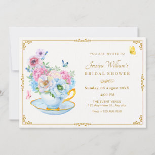 Flowers butterfly tea cup bridal shower invitation