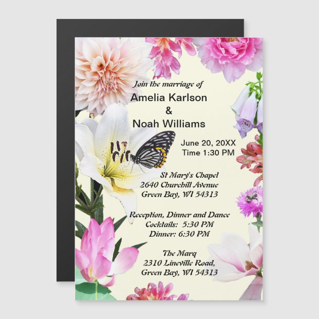 Flowers & Butterfly Wedding Magnetic Invitation (Front/Back)