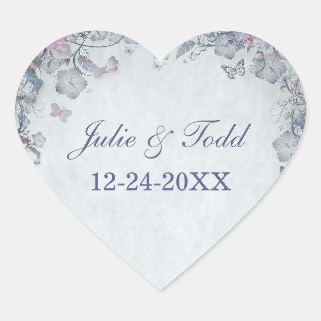 Flowers & Butterfly's Wedding Save The Date Heart Sticker (Front)