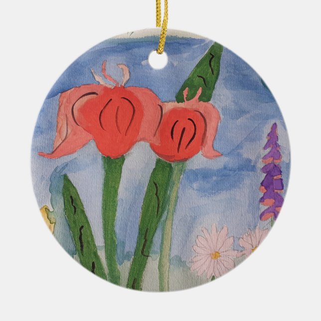 Flowers By The Lake Ceramic Tree Decoration (Front)