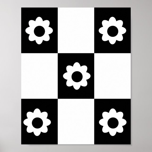 Flowers Chequered Pattern Black White Mod Squares Poster (Front)