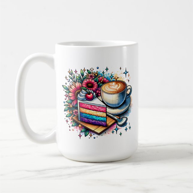 Flowers, Coffee and Rainbow Cake Personalised Mug (Left)