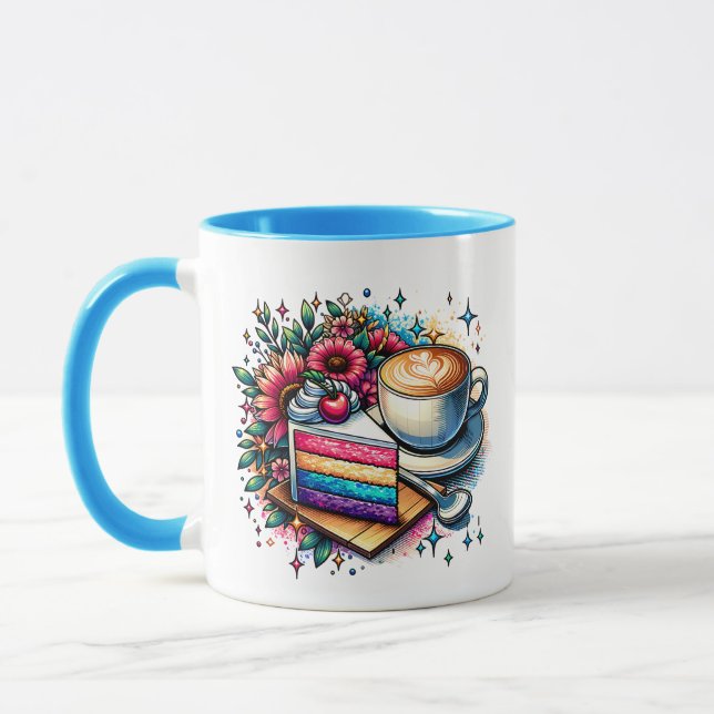 Flowers, Coffee and Rainbow Cake Personalised Mug (Left)