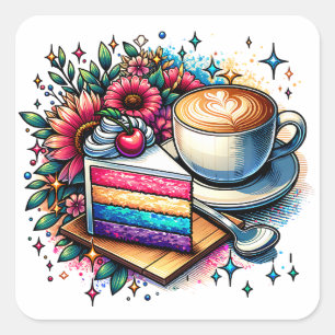 Flowers, Coffee and Rainbow Cake   Square Sticker