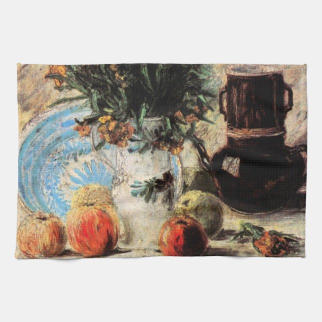 Flowers, Coffeepot and Fruit by Vincent van Gogh Tea Towel (Horizontal)