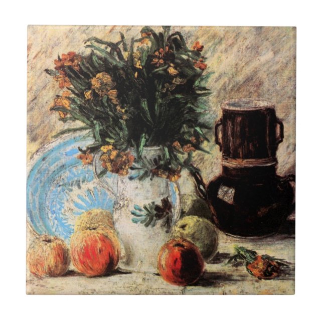 Flowers, Coffeepot and Fruit by Vincent van Gogh Tile (Front)