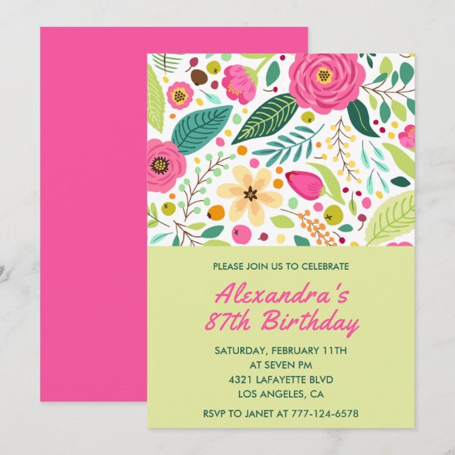 Flowers Colourful Simple 87th birthday invitations (Front/Back)