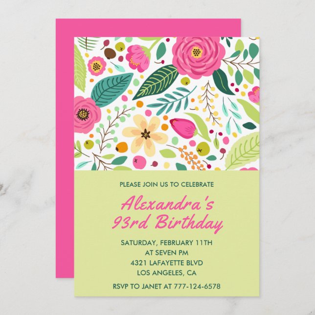 Flowers Colourful Simple 93rd birthday invitations (Front/Back)