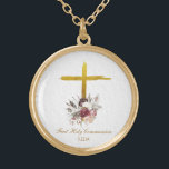 *~* Flowers Communion AP35 Christian Confirmation Gold Plated Necklace<br><div class="desc">(( search id AP35 for similar designs and AP40 )) Flowers Floral Bouquet of Flowers at the base of a rustic plain Gold Jesus Cross. Remove , resize and edit whatever elements you want and can. Convert the design for any good vibe purpose you want. Transfer it to any Zazzle...</div>