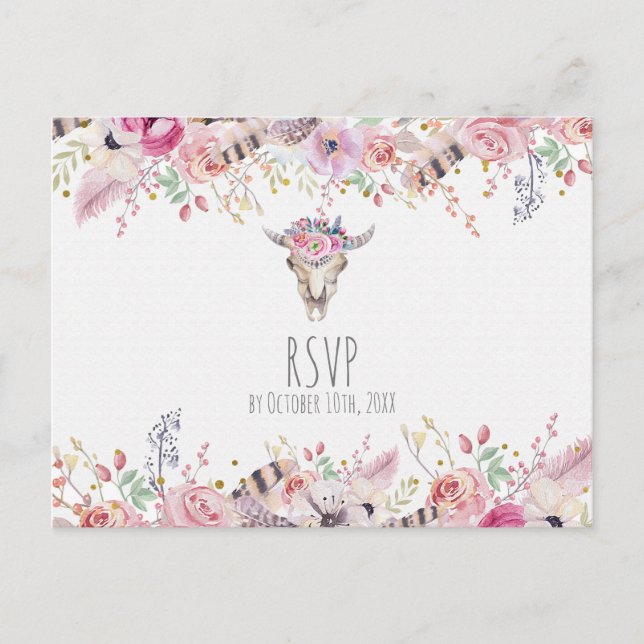 Flowers & Cow Skull Rustic Country Boho Chic RSVP Invitation Postcard (Front)