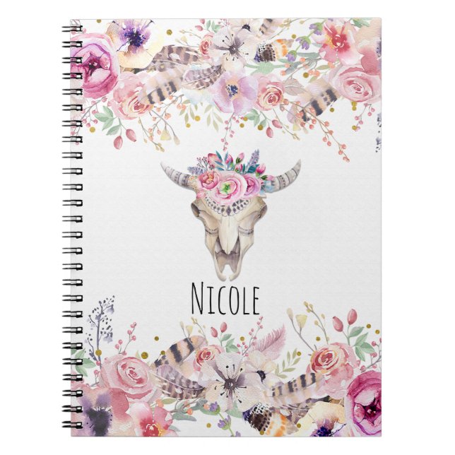Flowers & Cow Skull Rustic Country Glam Boho Chic Spiral Notebook (Front)