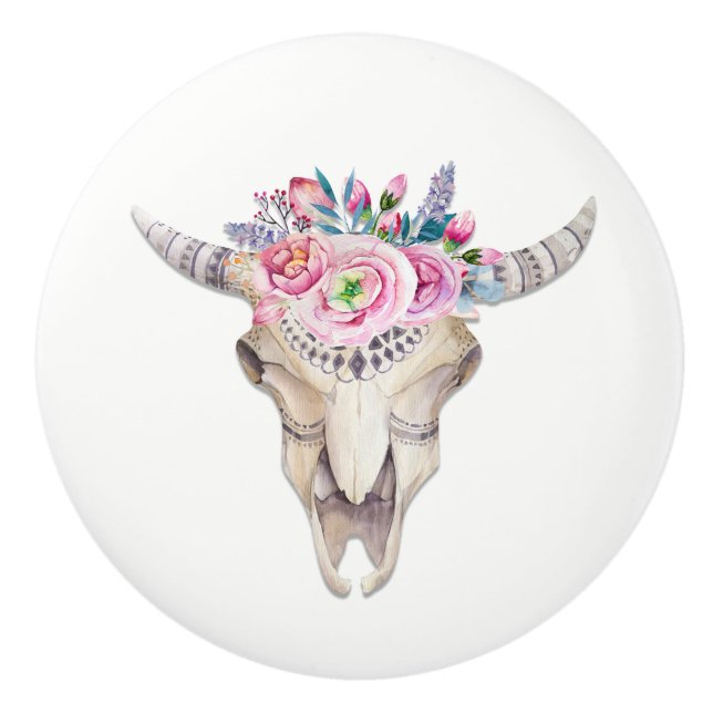 Flowers & Cow Skull Rustic Country Glam Ceramic Knob (Front)