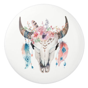 Flowers & Cow Skull Rustic Country Glam feather Ceramic Knob