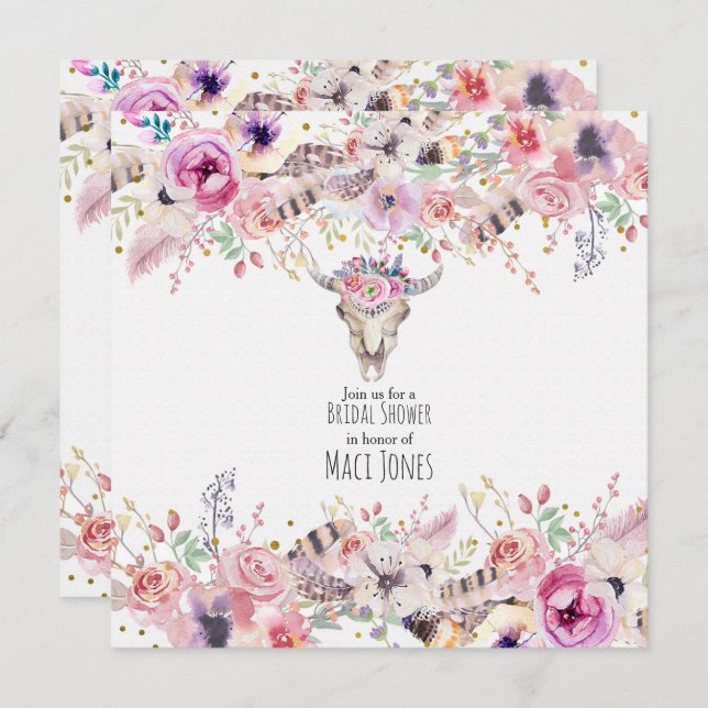 Flowers & Cow Skull Rustic Country Glam Invitation (Front/Back)