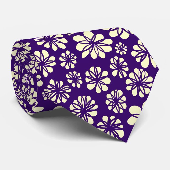 Flowers - Cream on Deep Purple Tie (Rolled)