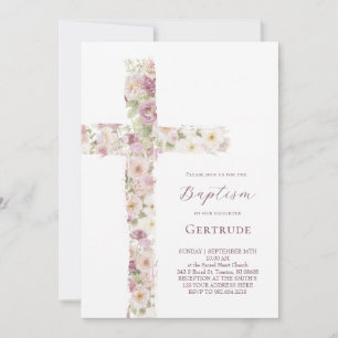 flowers cross Baptism girl Invitation
