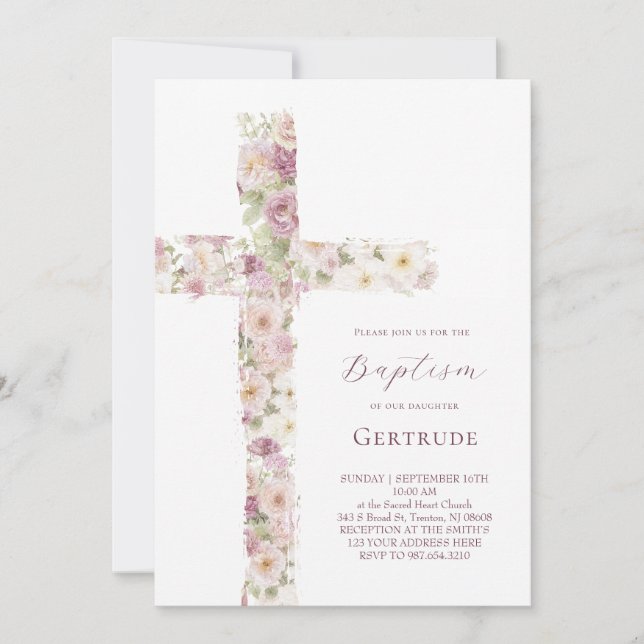 flowers cross Baptism girl Invitation (Front)