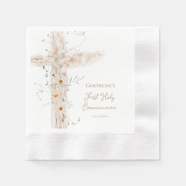  flowers cross First Holy Communion Napkin (Front)