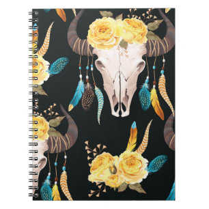Flowers Decorated Buffalo Skull Seamless Notebook