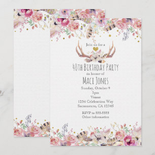 Flowers & Deer Antlers Birthday Party Invitations