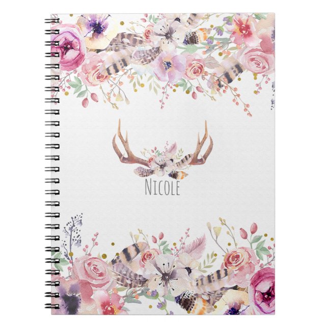 Flowers & Deer Antlers Rustic Country Personalised Notebook (Front)