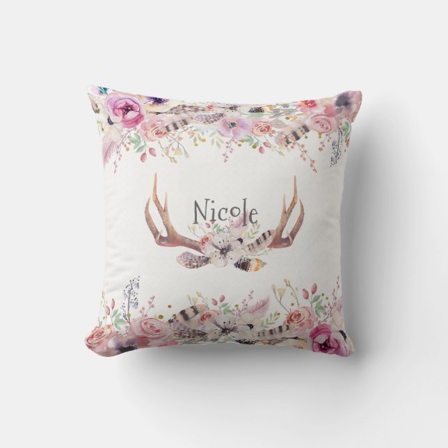 Flowers & Deer Antlers Rustic Farmhouse Chic Cushion (Front)