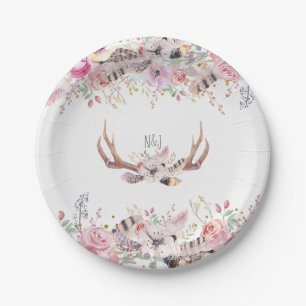 Flowers & Deer Antlers Rustic Wedding Party Event Paper Plate