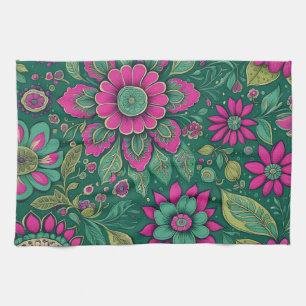 Flowers Design Pink Green Retro Classic Tea Towel
