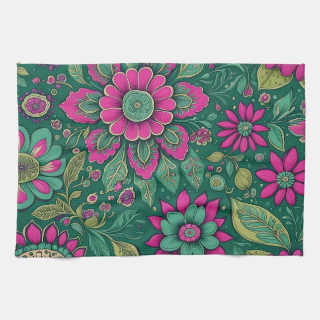 Flowers Design Pink Green Retro Classic  Tea Towel (Horizontal)