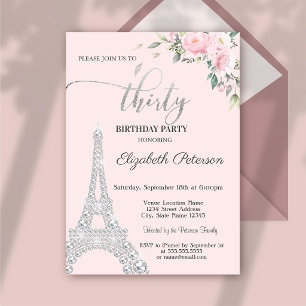 Flowers, Diamonds Eiffel Tower 30th Birthday Invitation