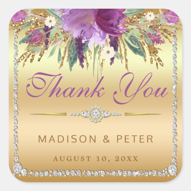Flowers Diamonds Wedding Thank You Gold Square Sticker (Front)