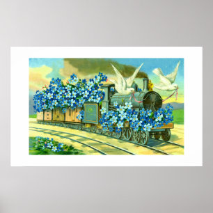 Flowers, doves and train poster