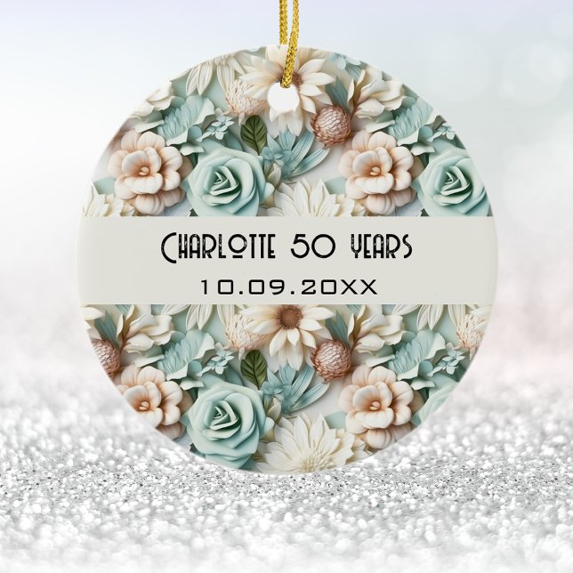 Flowers dusty green cream birthday name ceramic tree decoration (Creator Uploaded)