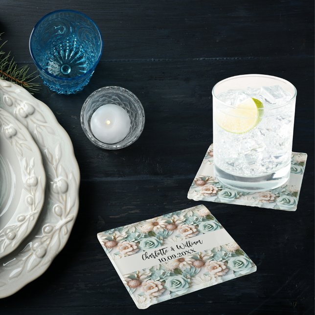 Flowers dusty green cream names wedding glass coaster (Creator Uploaded)