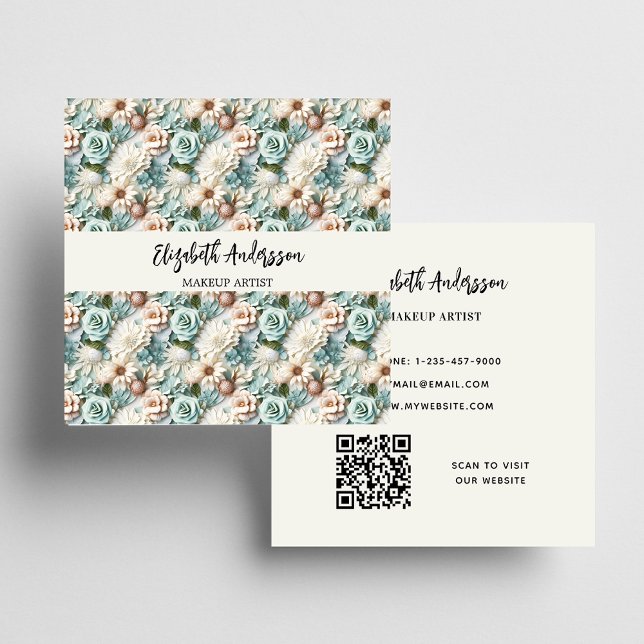 Flowers dusty green cream photo QR logo Square Business Card (Creator Uploaded)