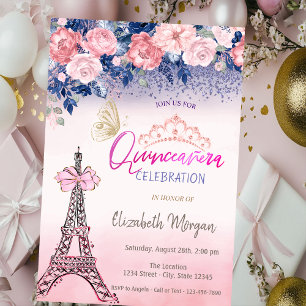 Flowers,Eiffel Tower Bow Butterfly Quinceanera Invitation