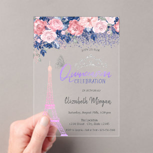 Flowers,Eiffel Tower Butterfly Ombre Quinceanera  Acrylic Invitations