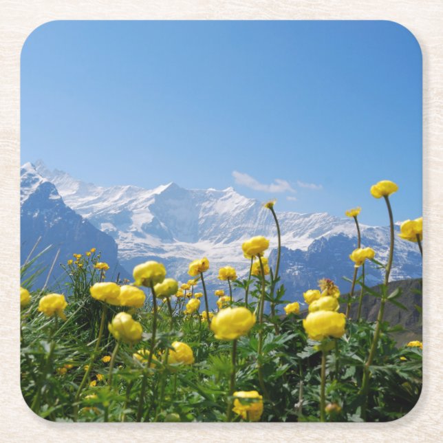 Flowers | Eiger Monch Swiss Alps Square Paper Coaster (Front)