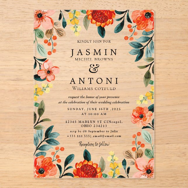  Flowers  Fall Foliage Wedding  Acrylic Invitations (Front)