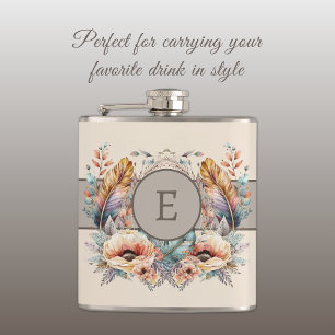 Flowers feathers add initial brown hip flask