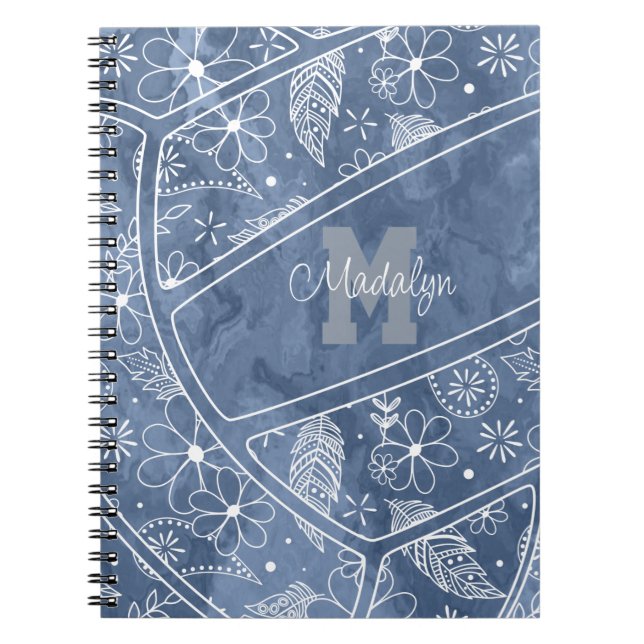 flowers feathers paislies pattern blue volleyball notebook (Front)