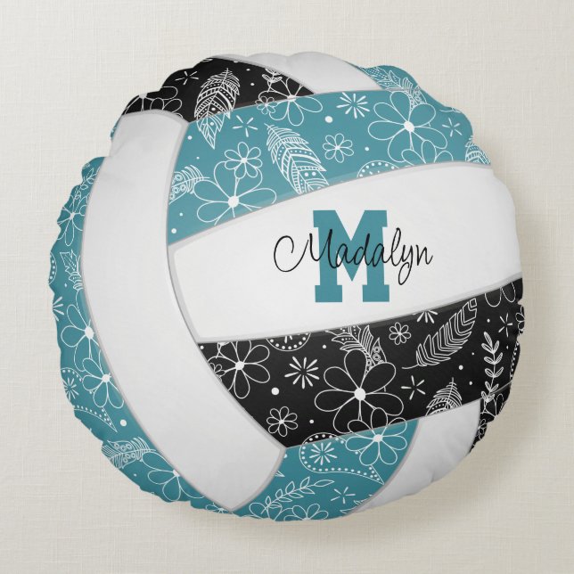 flowers feathers paislies teal black volleyball round cushion (Front)