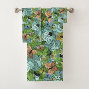 Flowers Floral Foliage Butterflies Shades of Green Bath Towel Set