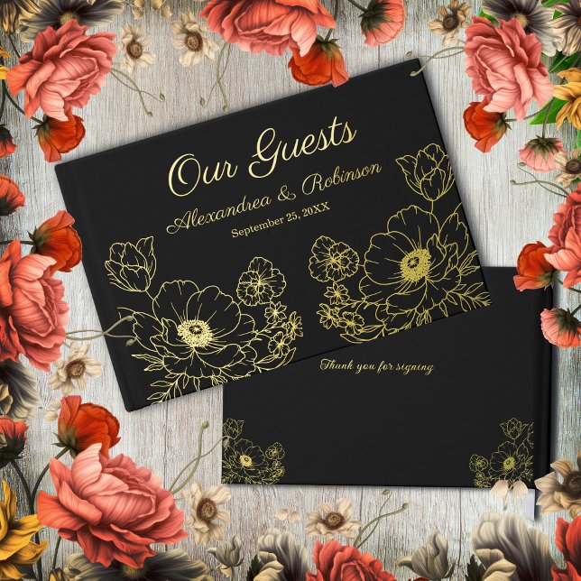Flowers Floral Wedding Anniversary Gold Black Guest Book (Flowers Floral Wedding Anniversary Gold Black Foil Guest Book is great for a wedding or anniversary.)