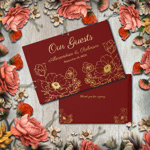 Flowers Floral Wedding Anniversary Gold Red Guest Book