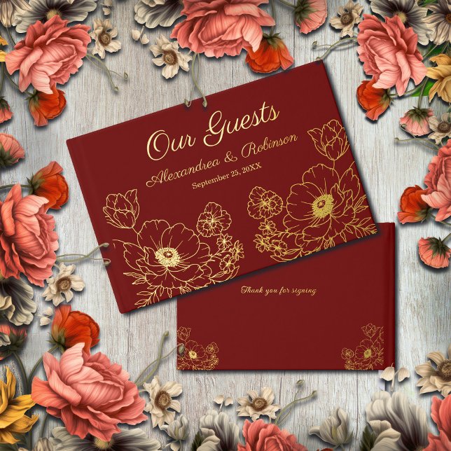 Flowers Floral Wedding Anniversary Gold Red Guest Book (Flowers Floral Wedding Anniversary Gold Red Foil Guest Book is wonderful for guest to sign at event.)