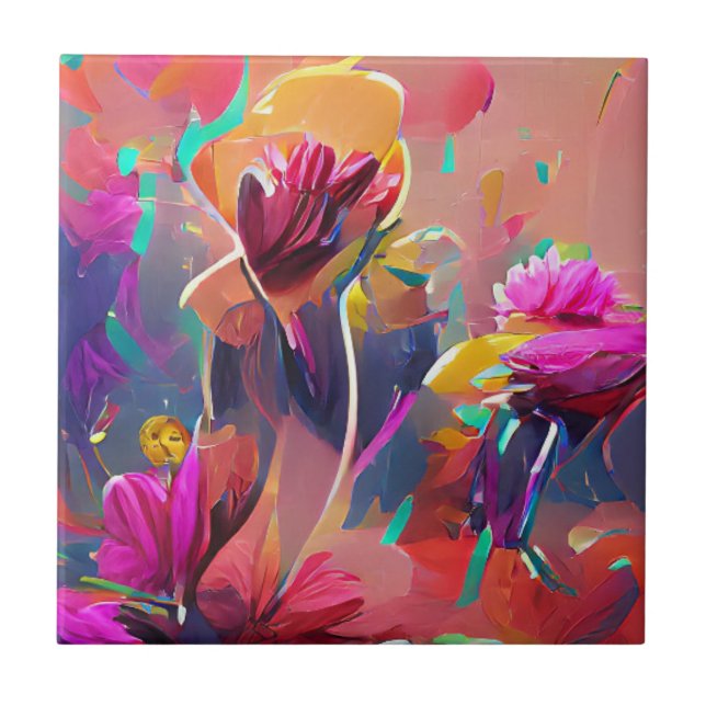 Flowers fuchsia yellow pink digital art  tile (Front)