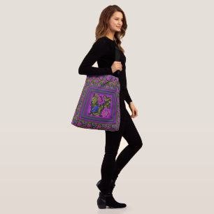 Flowers Full Bloom Pink Greenery Black Background Crossbody Bag