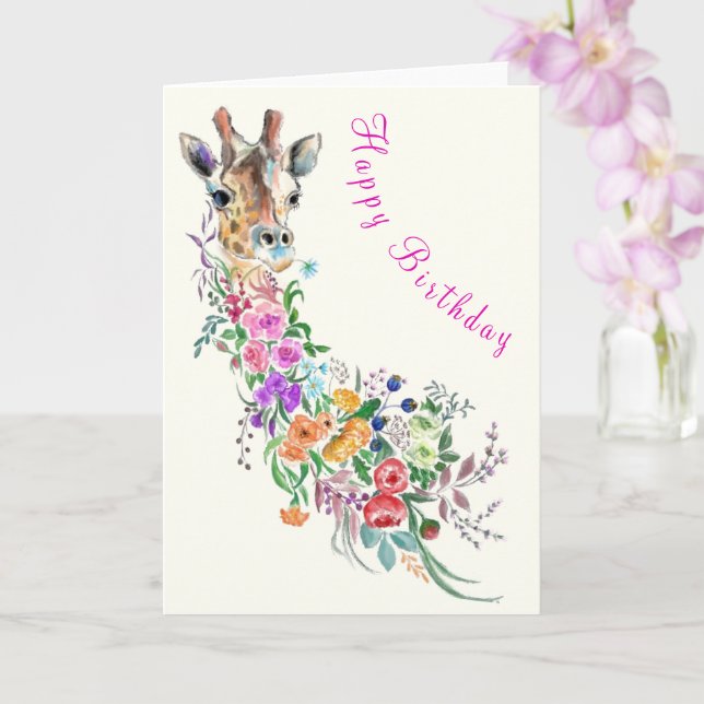 Flowers Giraffe Birthday Card (Orchid)